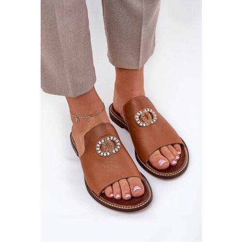 Zazoo Elegant Women's Leather Slippers With Decoration 3008 Camel Slike