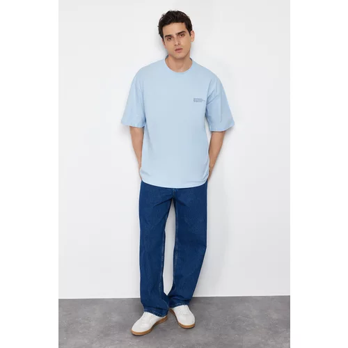 Trendyol Light Blue Men's Oversize 100% Cotton Crew Neck Minimal Text Printed T-Shirt