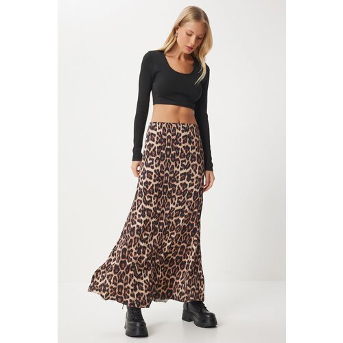 Happiness İstanbul Women's Black Beige Leopard Patterned Long Woven Skirt Slike