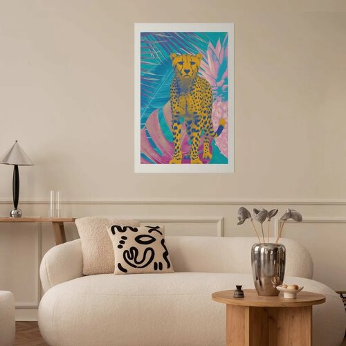  Plakat - Exotic Leopard - colorful portrait of a cheetah against tropical leaves 40x60 Bez okvira s margom Slike