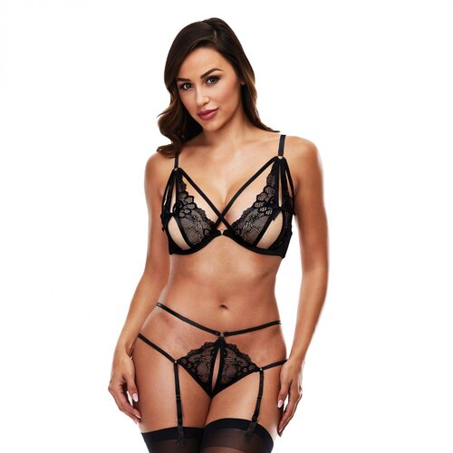 Baci Lingerie Čipkast komplet odprtega modrčka in odprtih tangic, črn Cene