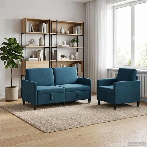  Set sofe s pohranom 2 kom. Plava Poliester - Plava Jednostruka + Dvostruka (140 cm) Cene