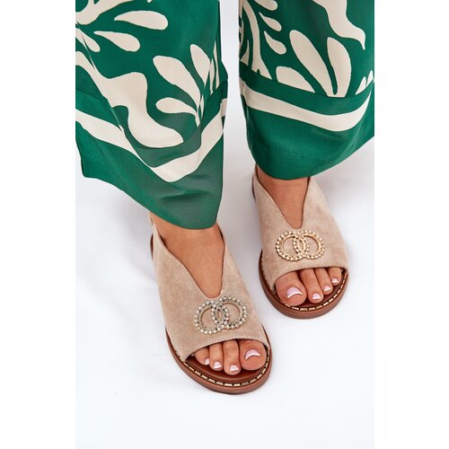 Boto Ladies Sandals With Decoration On Flat Heel Eco Suede Beige Ralisses Cene