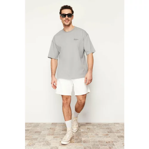 Trendyol Gray Men's Oversize 100% Cotton Crew Neck Minimal Text Printed T-Shirt