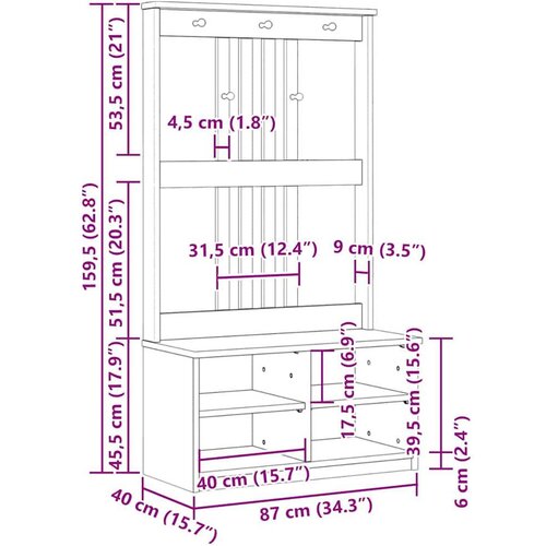 vidaXL Drvo za dvoranu SANDENS 87x40x159,5 cm puno drvo bor Cijene