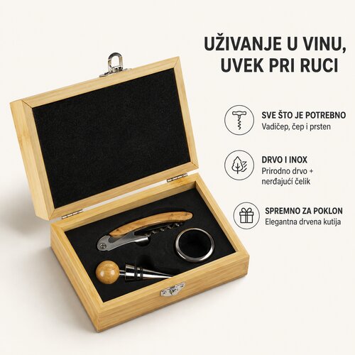 Vinski set ROSE 3u1 u drvenoj kutiji - vadičep, čep i prsten, poklon set Slike