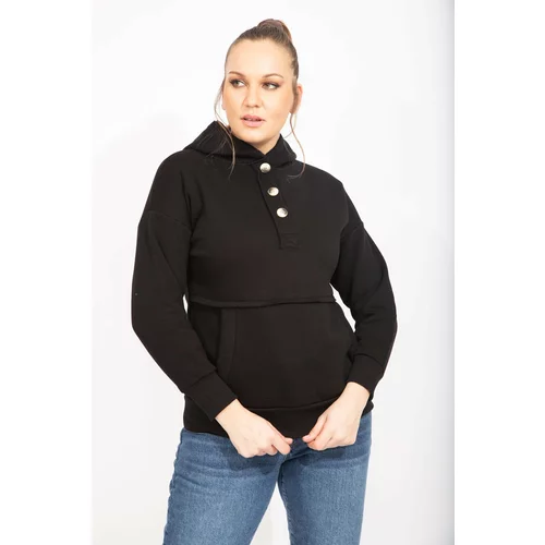 Şans Women's Black Inner Raising 2 Thread Fabric Front Pat Buttoned Kangaroo Pocket And Hooded Sweatshirt