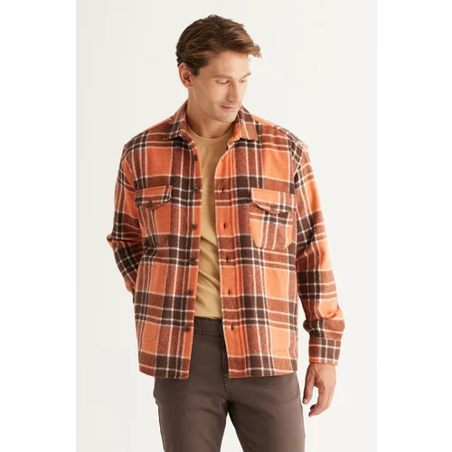 AC&Co / Altınyıldız Classics Men's Brown-Orange Oversize Loose Fit Button-down Collar Check Shirt Jacket.