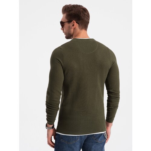 Ombre Men's cotton sweater with round neckline - dark olive Cene