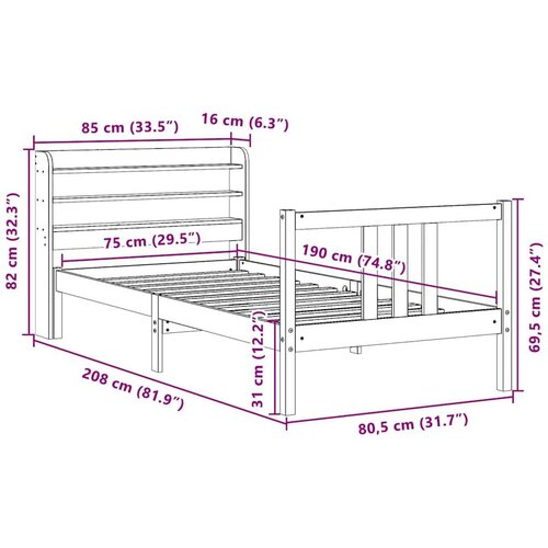 VidaXL Okvir kreveta s uzglavljem 75x190 cm od borovine Slike