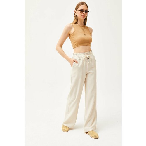 Olalook Women's Stone Pocket Elastic Waist High Waist Linen Trousers Slike