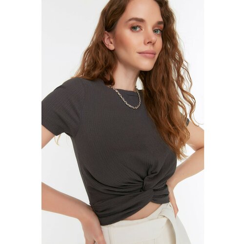 Trendyol Anthracite Tie Detailed Crop Knitted Blouse Cene