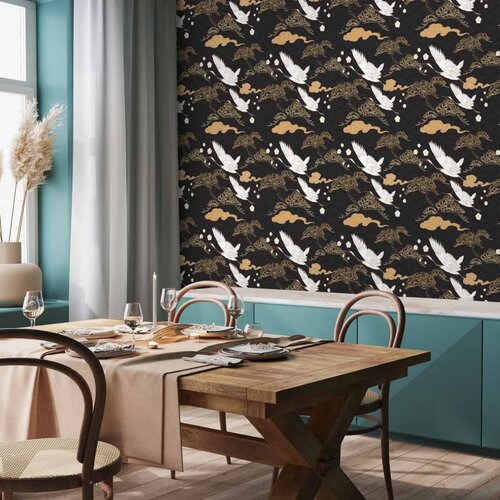  Tapeta - Oriental impressions - decorative pattern with a motif of flying cranes on a dark background 50x1000 Vodootporna Slike