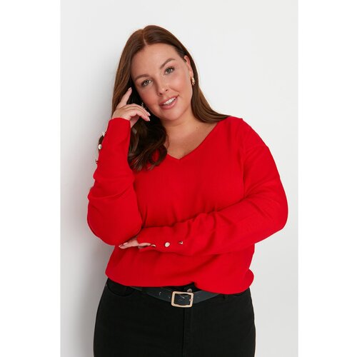 Trendyol Curve Red V Neck Button Detailed Knitwear Sweater Slike