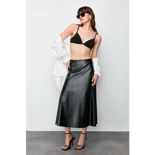 Trendyol Black Faux Leather Flared Woven Skirt