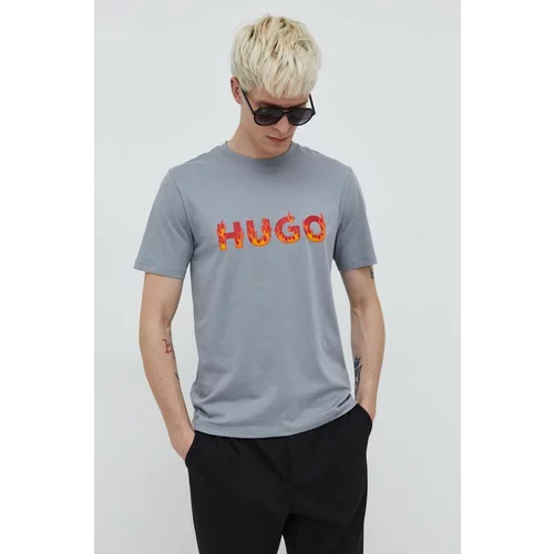 Hugo Pamučna majica za muškarce, boja: siva, s tiskom