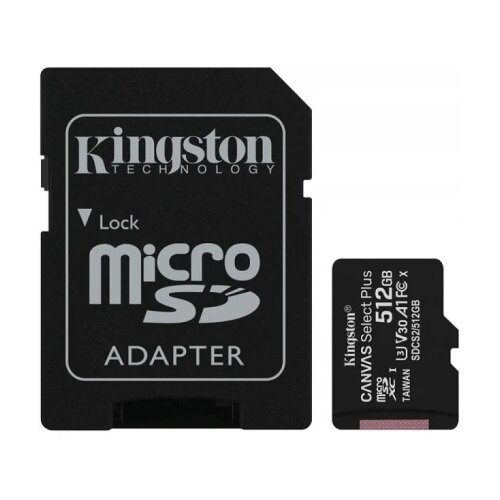 Kingston microsd 512GB, canvas select plus, class 10 uhs-i U3 V30 A1, read up to 100MB/s, write up to 85MB/s, w/sd adapter Cene