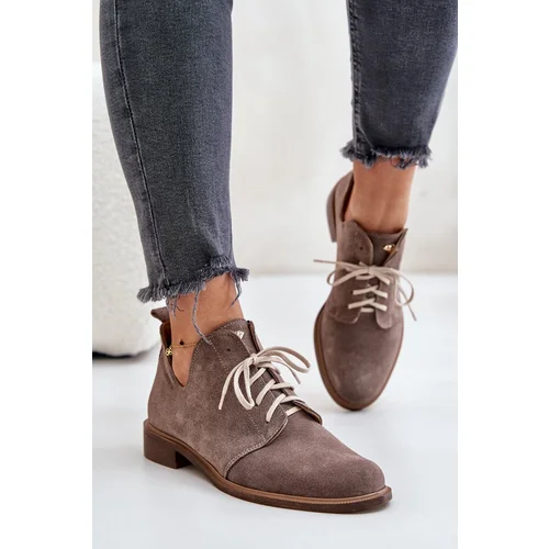 Zazoo 2959 Suede Oxfords Lace-Up Flat Heels Dark Beige