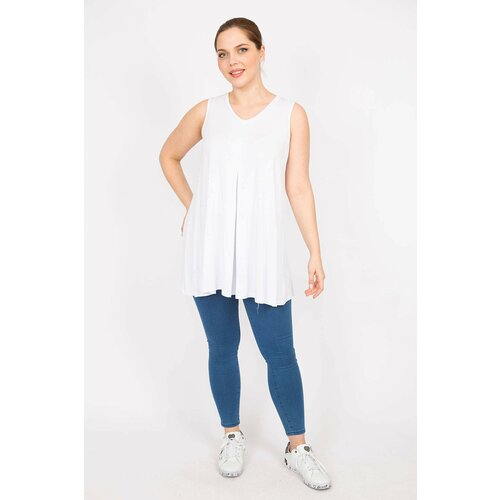 Şans Women's White Plus Size Front A Pleated V-Neck Long Blouse Slike