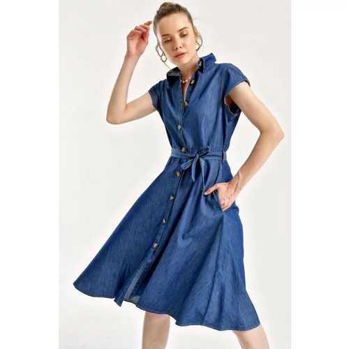 Bigdart 1677 Half-length Buttoned Waist Belt Denim Dress - Navy Blue