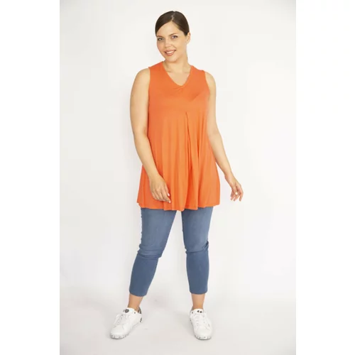 Şans Women's Orange Plus Size V-Neck A Pleat Front Blouse