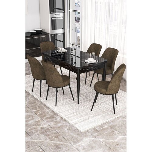 Hanah home trpezarijski set Via, sto na razvlačenje i 6 stolica, ploča u dekoru crnog mermera, braon tkanina Jerry Cene