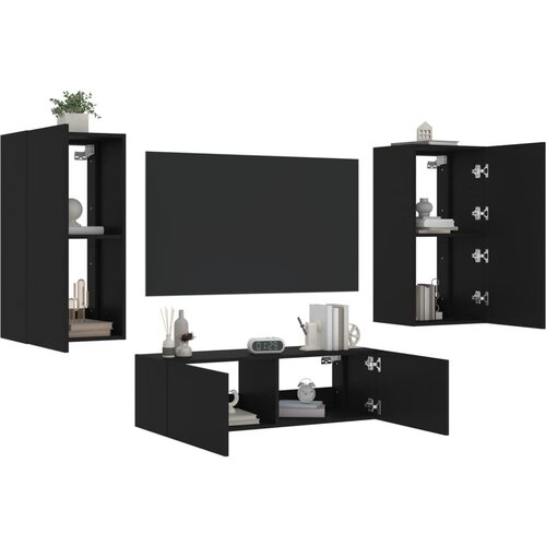 vidaXL 3 Piece TV Wall Cabinets with LED Lights Black Cene
