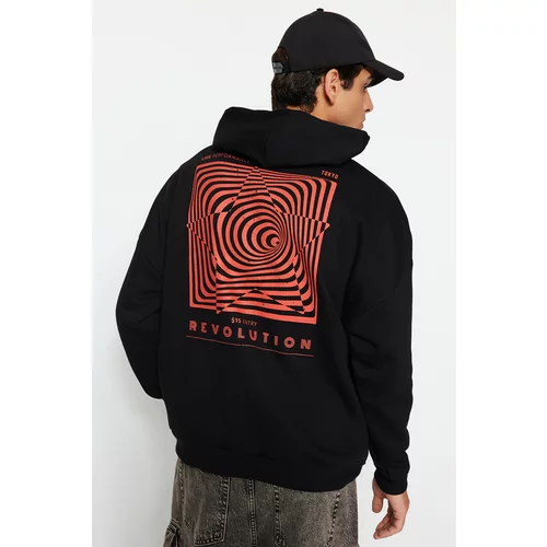 Trendyol Black Men's Oversized Hooded Labyrinth Printed Sweatshirt with a Soft Pile inside.