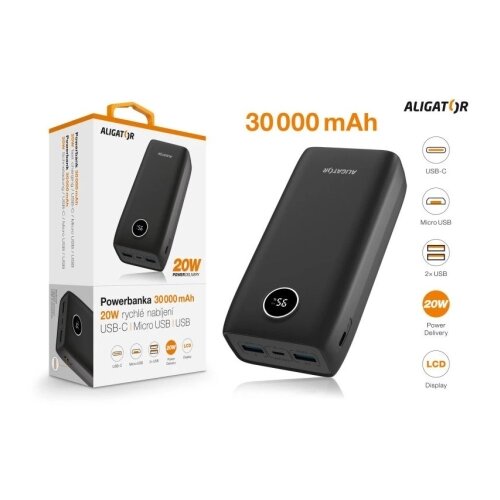 ALIGATOR PBPD30BK - Power banka sa LCD displejom PD 30000 mAh/20W/3,7V crna Slike