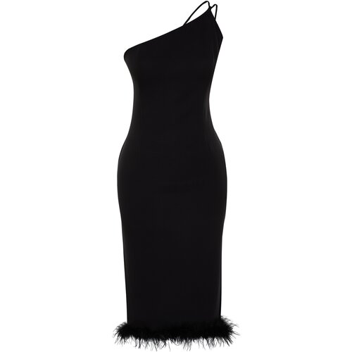 Trendyol Black Fitted Elegant Evening Dress with Woven Otriches Slike
