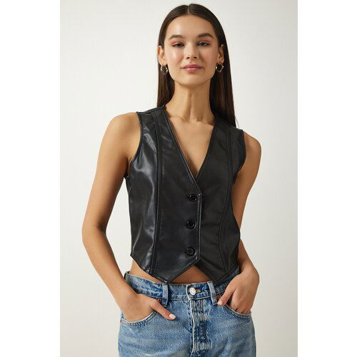 Happiness İstanbul women's black v-neck faux leather vest Slike