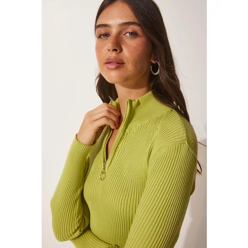 Happiness İstanbul Women's Oil Green Zippered Turtleneck Knitwear Sweater