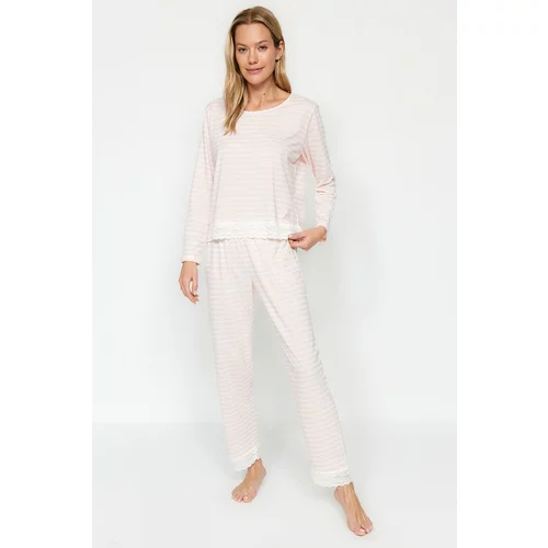 Trendyol Powder Striped Lace Detailed T-shirt-Pants and Knitted Pajamas Set