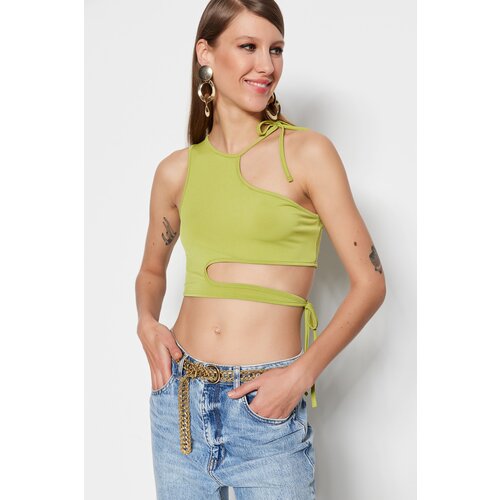 Trendyol Oil Green Crop Knitted Window/Cut Out Detailed Blouse Slike