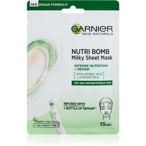 Garnier Skin Naturals Nutri Bomb Almond Milk + Hyaluronic Acid vlažilna maska za obraz 1 ks za ženske