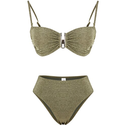 Trendyol Khaki Plain Strapless Accessory Glitter High Waist High Leg Brazilian Bikini Set Slike