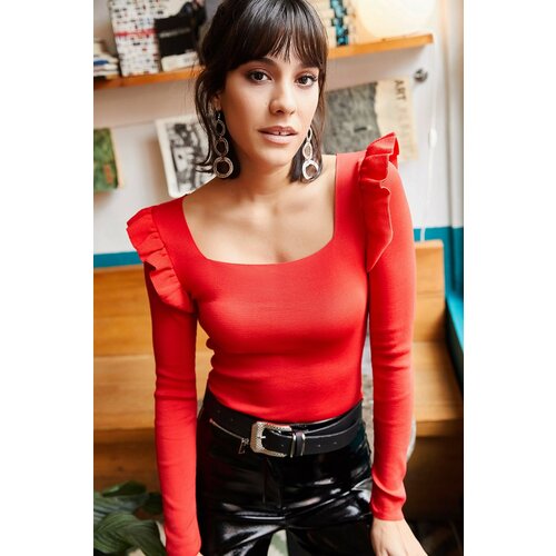 Olalook Women's Red Square Collar Ruffled Crop Knitwear Blouse Slike