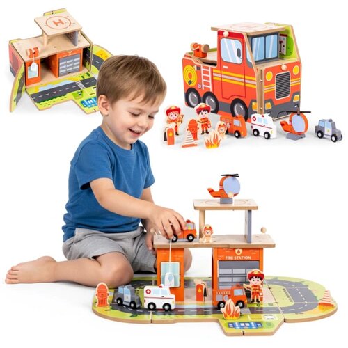 ECO TOYS drveni set za vatrogasnu postaju, garaža s dodacima Cene
