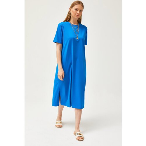 Olalook Women's Saks Blue Oversize Cotton Dress with Side Slits Slike