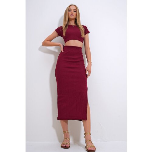 Trend Alaçatı Stili Women's Burgundy Crew Neck Crop Blouse and Slit Skirt Camisole Suit Slike