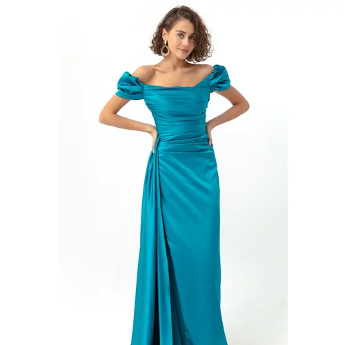 Lafaba Women's Turquoise Boat Collar Train Long Satin Evening Dress & Prom Dress