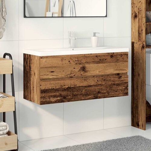  Ormarić za sudoper ugradbenim umivaonikom i slavinom Staro drvo Smeđa 100 x 38.5 x 45 cm Slike