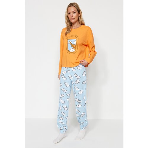 Trendyol Orange 100% Cotton Cloud Pattern T-shirt-Jogger Knitted Pajamas Set Cene