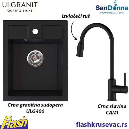  Granitna sudopera Ulgranit ULG400 (CRNA) + slavina izvlačeći tu&scaron; SanDonna - SET Cene