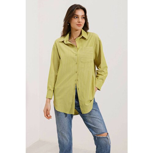 Bigdart 20217 Pocket Detailed Striped Oversize Shirt - Green Slike
