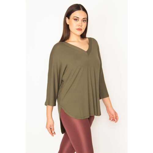 Şans Women's Plus Size Khaki V-Neck Long Back Oval Cut Blouse Slike