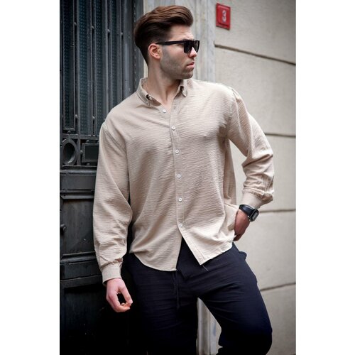Madmext Men's Beige Long Sleeve Oversize Shirt 6735 Slike