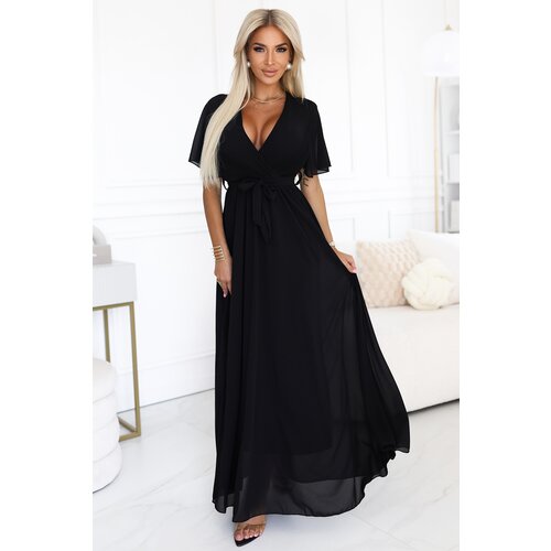 Numoco basic 545-5 Long dress with pleated neckline and tie - black Slike