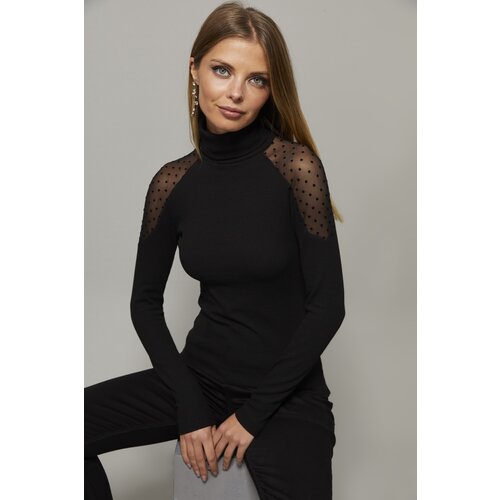 Cool &amp;amp; Sexy Women&amp;#039;s Black Shoulder Polka Dot Tulle Blouse Slike