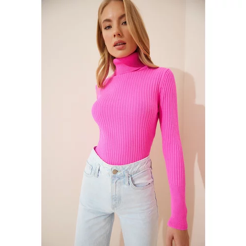 Happiness İstanbul Women's Pink Turtleneck Ribbed Lycra Sweater